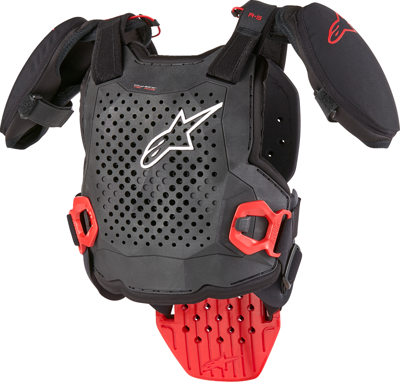 Alpinestars Youth A5 S v2 motorcycle chest guard in black, white, and red, size L/XL, protective gear for young riders.