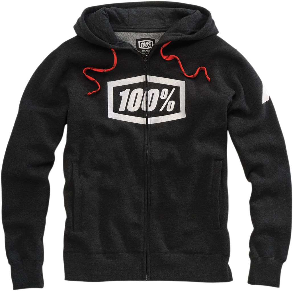 Bill's Exhausts 100% Syndicate fleece zip-up hoodie in Heather Black and White, medium size, with a front zipper and soft fleece fabric.
