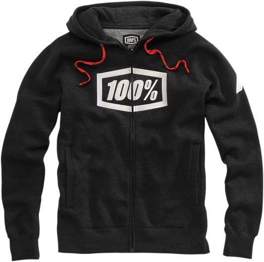 Bill's Exhausts 100% Syndicate fleece zip-up hoodie in Heather Black and White, medium size, with a front zipper and soft fleece fabric.