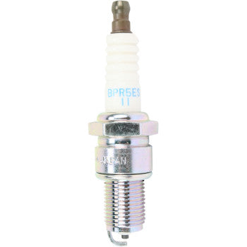NGK BPR5ES-11 spark plug showing metal terminal, ceramic insulator, and threaded metal shell for automotive ignition system.