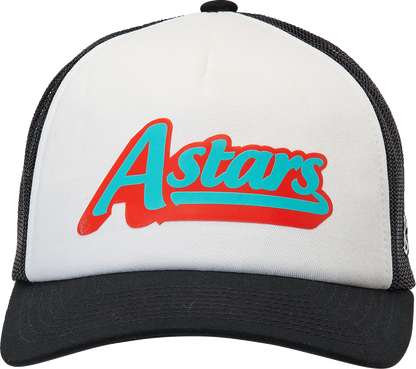 Alpinestars Delivery Trucker Hat in white and black, one size, featuring a classic mesh back and adjustable strap.