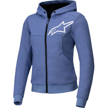 Alpinestars Stella Chrome v2 Sport Hoodie in blue violet and white, size XL, shown on a hanger.