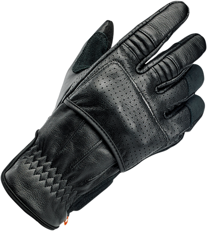 Black Biltwell Borrego gloves in XL size, featuring textured leather and reinforced palms for motorcycle riding comfort.