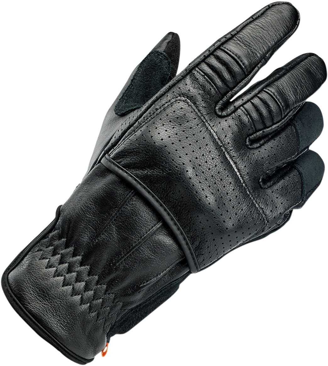 Black BILTWEll Borrego Gloves in large size, showing the textured leather and secure wrist strap for motorcycle riding.
