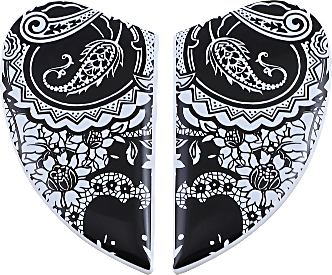 White ICON Airform™ Side Plates for helmets, Chantilly style, from Bill's Exhausts, featuring detailed design on a white helmet component.