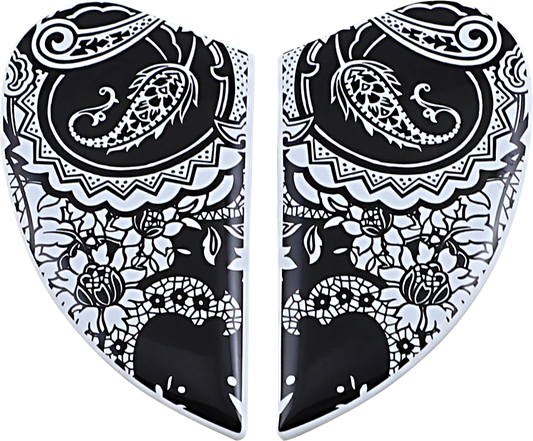 White ICON Airform™ Side Plates for helmets, Chantilly style, from Bill's Exhausts, featuring detailed design on a white helmet component.