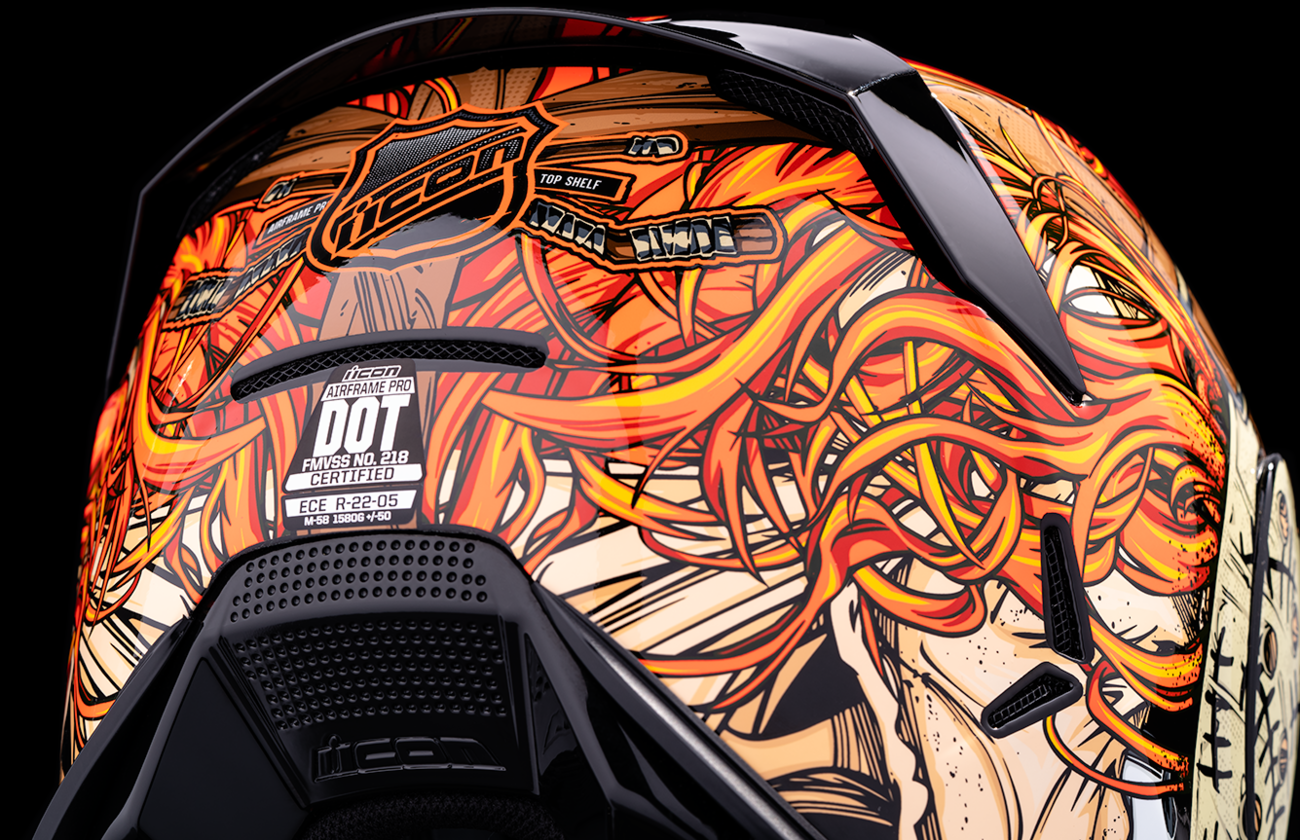 Red ICON Airframe Pro™ helmet in XL size with Topshelf design, featuring sleek graphics and aerodynamic vents.