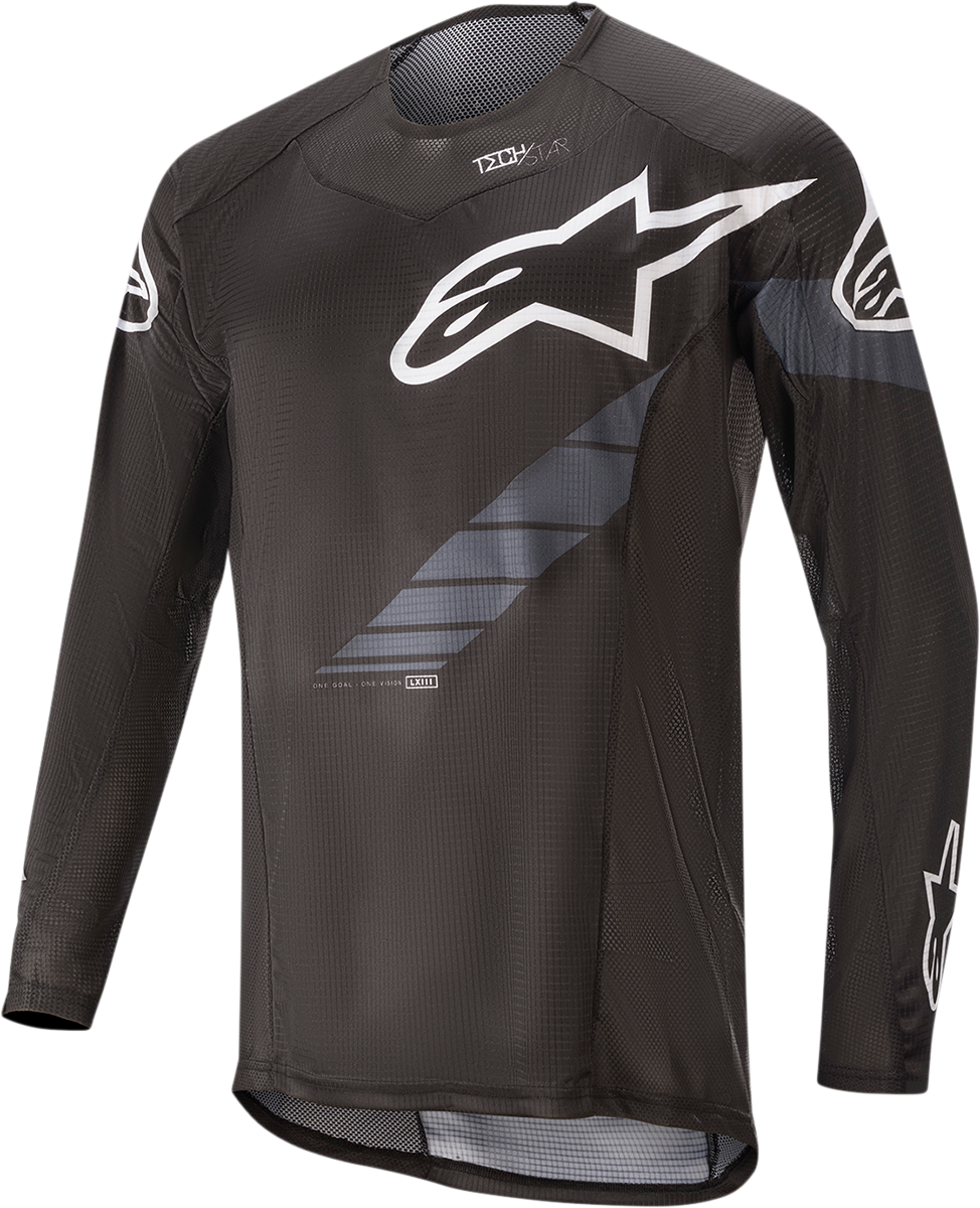 Alpinestars Techstar long-sleeve motorcycle jersey in black and gray, 2XL, featuring breathable fabric and branding details.