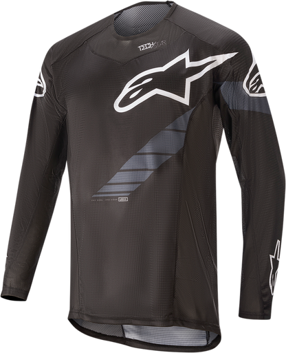Alpinestars Techstar long-sleeve motorcycle jersey in black and gray, 2XL, featuring breathable fabric and branding details.