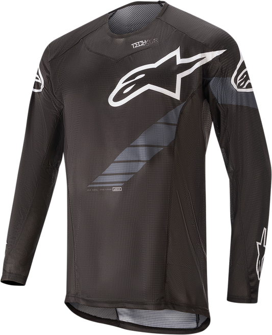 Alpinestars Techstar long-sleeve motorcycle jersey in black and gray for large size, featuring breathable fabric and racing style.
