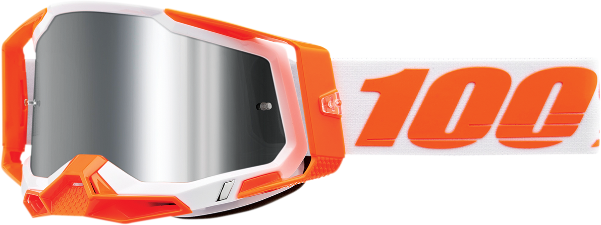 Bill's Exhausts 100% Racecraft 2 goggles in orange with silver flash mirror lens, designed for racing and motocross use.