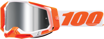Bill's Exhausts 100% Racecraft 2 goggles in orange with silver flash mirror lens, designed for racing and motocross use.