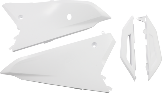 Acerbis white side panels for motorcycle body, shown in close-up with detailed surface texture and branding.