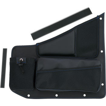 Bill's Exhausts SHOW CHROME Kaliber Side Organizer in black with blue stitching for driver and passenger side of vehicle.