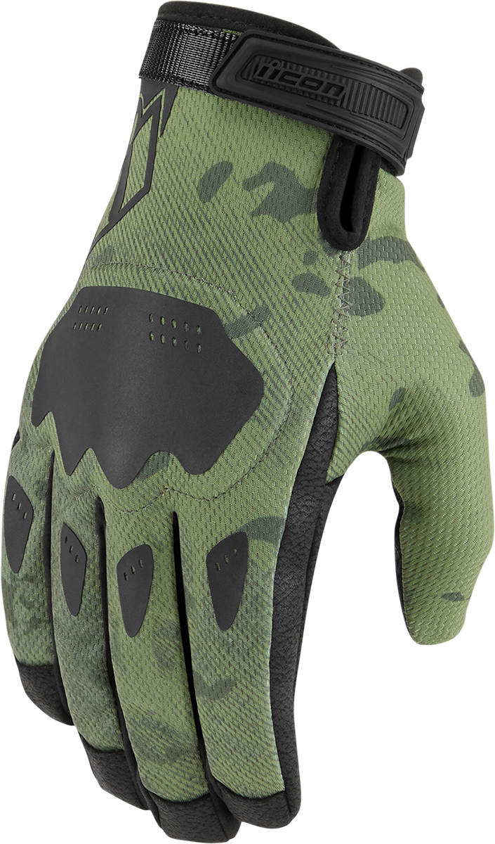 Green camouflage ICON Hooligan™ CE gloves in XL size, made by Bill's Exhausts, designed for protection and durability.