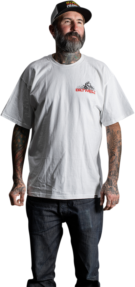 White BILTWELL Spare Parts T-Shirt in Medium featuring a minimalist design, made by Bill's Exhausts.