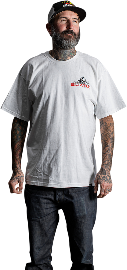White BILTWELL Spare Parts T-Shirt in Medium featuring a minimalist design, made by Bill's Exhausts.