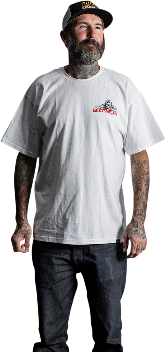 White BILTWELL T-Shirt in Small size with BILTWELL logo, casual fit, made by Bill's Exhausts, displayed on a flat surface.