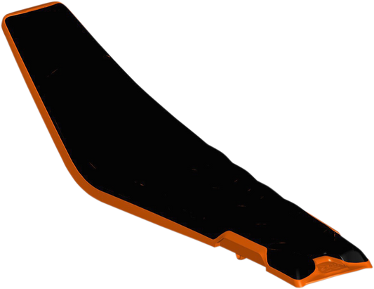 Acerbis X-Seat Air motorcycle body panel in black and orange for KTM with branding and detailed surface texture.