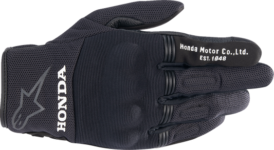 Alpinestars Honda Copper Gloves in black, small size, showing the motorcycle gloves with textured surface and branding details.