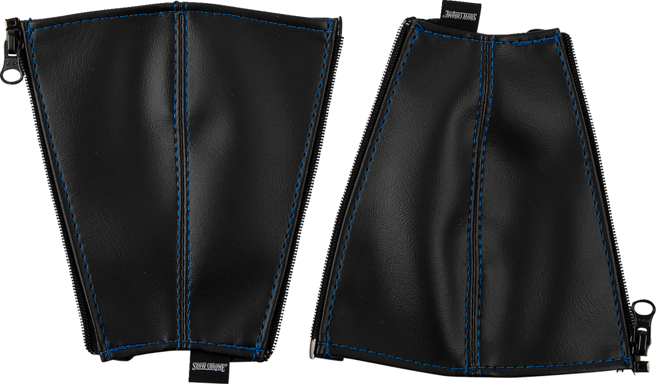 Black SHOW CHROME seat belt covers with blue stitching, designed for engine safety and comfort, by Bill's Exhausts.