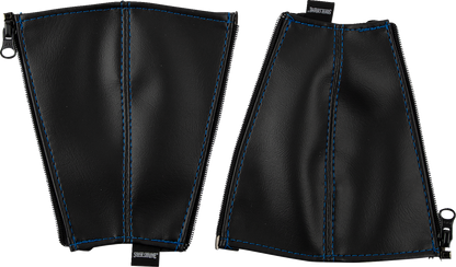 Black SHOW CHROME seat belt covers with blue stitching, designed for engine safety and comfort, by Bill's Exhausts.