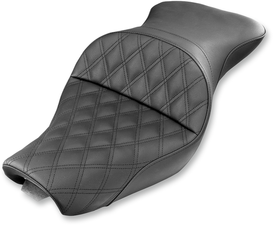 Bill's Exhausts SADDLEMEN Explorer Seat with lattice stitching and XL size, featuring 4.5-gallon tanks for motorcycle touring.