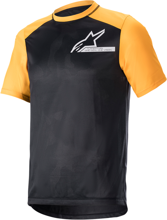 Alpinestars Alps 4.0 V2 short-sleeve motorcycle jersey in black, orange, and white with visible branding and lightweight fabric.