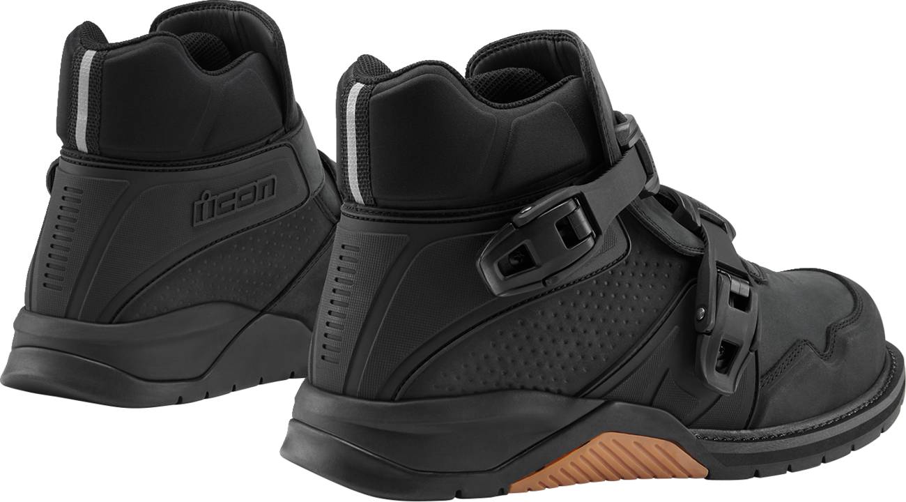 Black ICON Slabtown waterproof boots by Bill's Exhausts, size 7, with sturdy leather and rubber soles for outdoor wear.