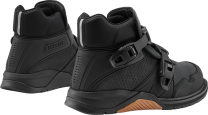 Black ICON Slabtown waterproof boots by Bill's Exhausts, size 7, with sturdy leather and rubber soles for outdoor wear.
