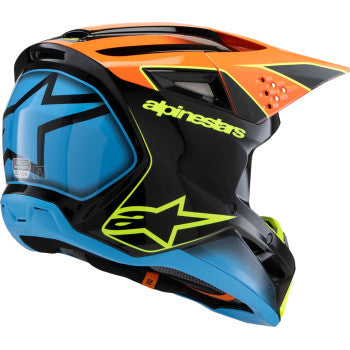 Alpinestars Youth SM3 helmet in gloss black with orange and yellow fluo accents, featuring a sturdy design for young riders.