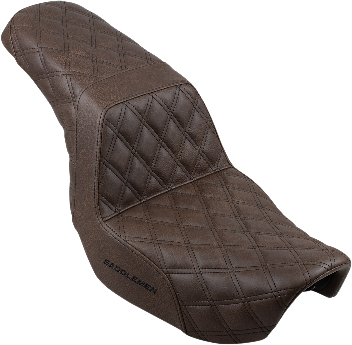 Bill's Exhausts Saddlemen Step-Up Seat with full lattice stitch in brown for Dyna motorcycles, featuring a comfortable, stylish design.
