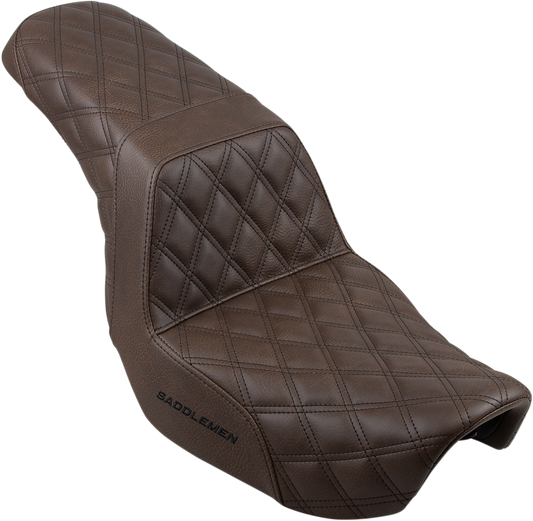 Bill's Exhausts Saddlemen Step-Up Seat with full lattice stitch in brown for Dyna motorcycles, featuring a comfortable, stylish design.