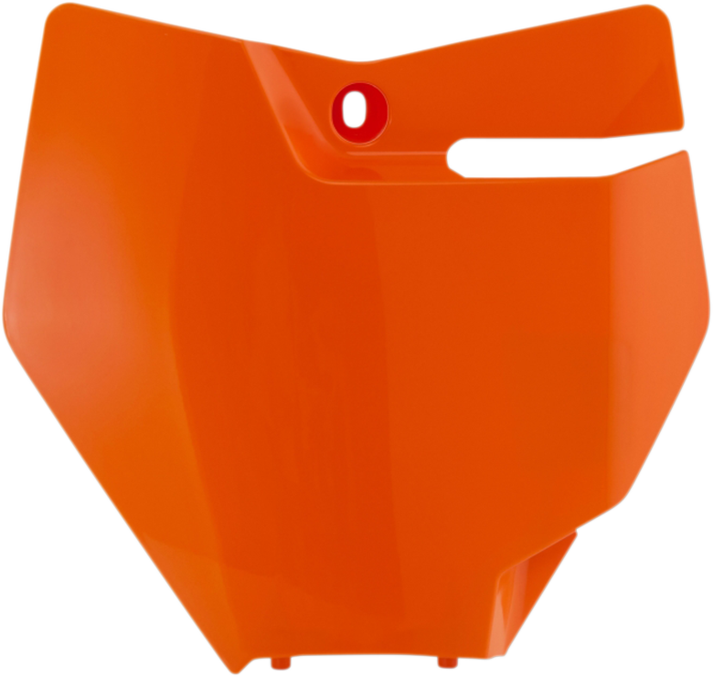Acerbis front number plate in orange, designed for motorcycle body customization, featuring bold branding and durable construction.
