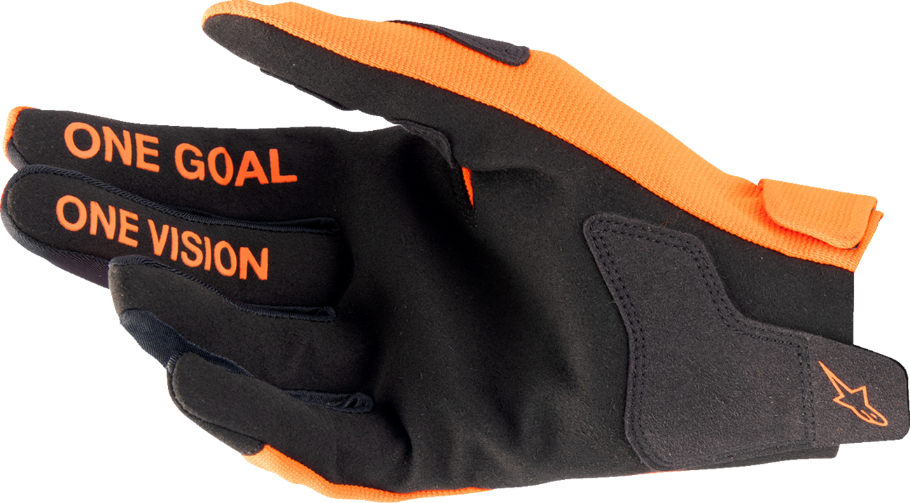 Alpinestars Radar Gloves in hot orange and black, small size, with protective knuckles and breathable fabric for motorcycle riding.