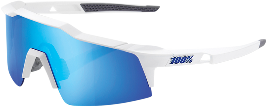 Bill's Exhausts Speedcraft XS sunglasses with white frame and blue mirror lenses, sporty and stylish eyewear for outdoor activities.