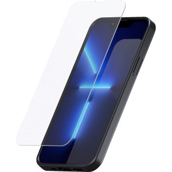 Bill's Exhausts SP CONNECT glass screen protector on iPhone 14 Pro Max, showing a clear, durable phone screen with mount compatibility.
