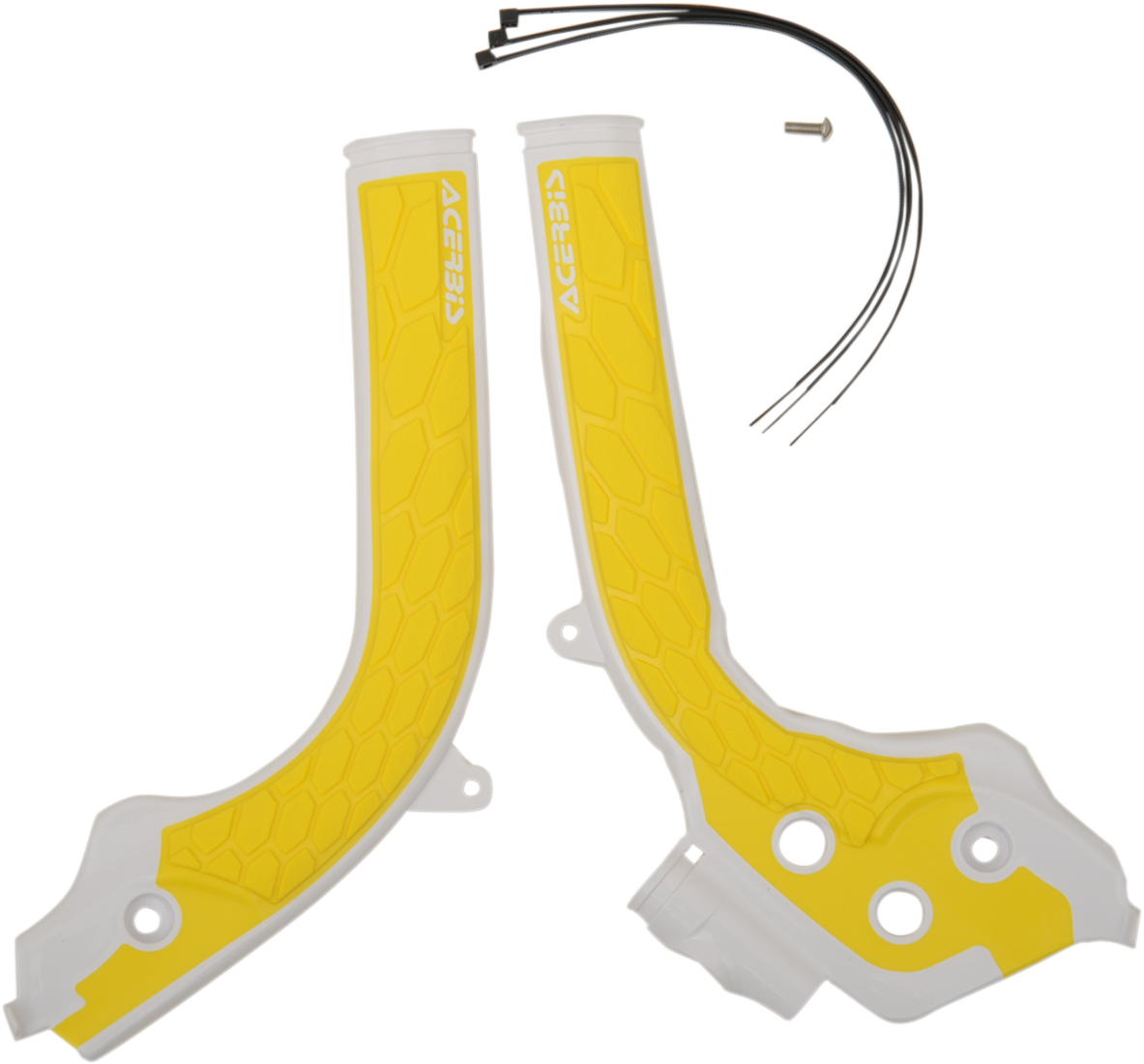 A close-up of Acerbis X-Grip motorcycle frame guards in white and yellow, designed for protection and durability.