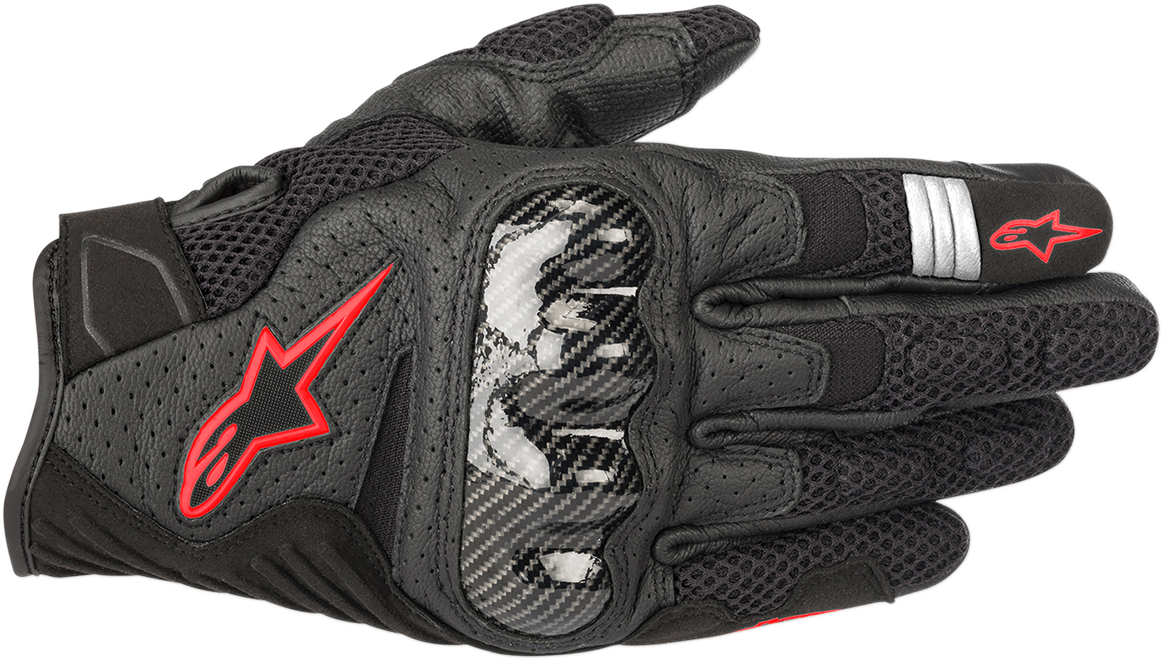 Alpinestars SMX-1 Air V2 motorcycle gloves in black and fluo red, size 2XL, with padded knuckles and adjustable wrist strap.