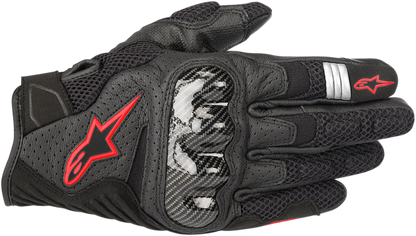 Alpinestars SMX-1 Air V2 motorcycle gloves in black and fluo red, size 3XL, featuring protective knuckles and breathable material.