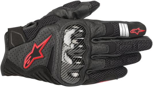 Alpinestars SMX-1 Air V2 motorcycle gloves in black and fluo red, size 3XL, featuring protective knuckles and breathable material.