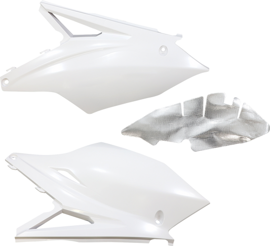 White Acerbis side panels for motorcycle body, designed for compatibility with specific models, featuring a sleek, durable finish.