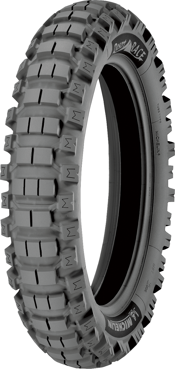 Michelin Desert Race rear motorcycle tire 140/80-18 70R mounted on bike, showing tread pattern and sidewall details