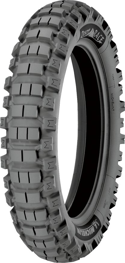 Michelin Desert Race rear motorcycle tire 140/80-18 70R mounted on bike, showing tread pattern and sidewall details