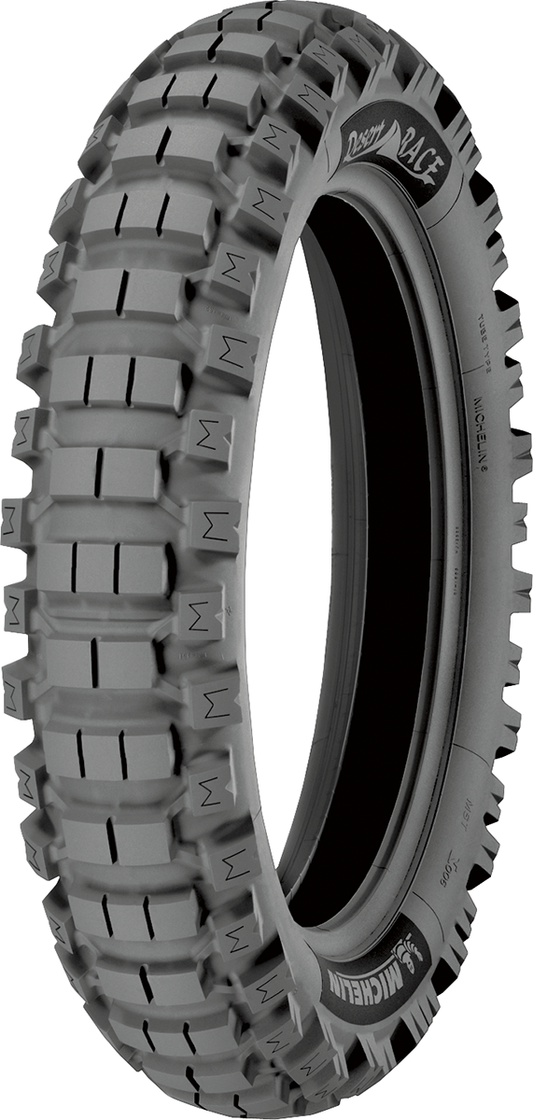 Michelin Desert Race rear motorcycle tire 140/80-18 70R mounted on bike, showing tread pattern and sidewall details