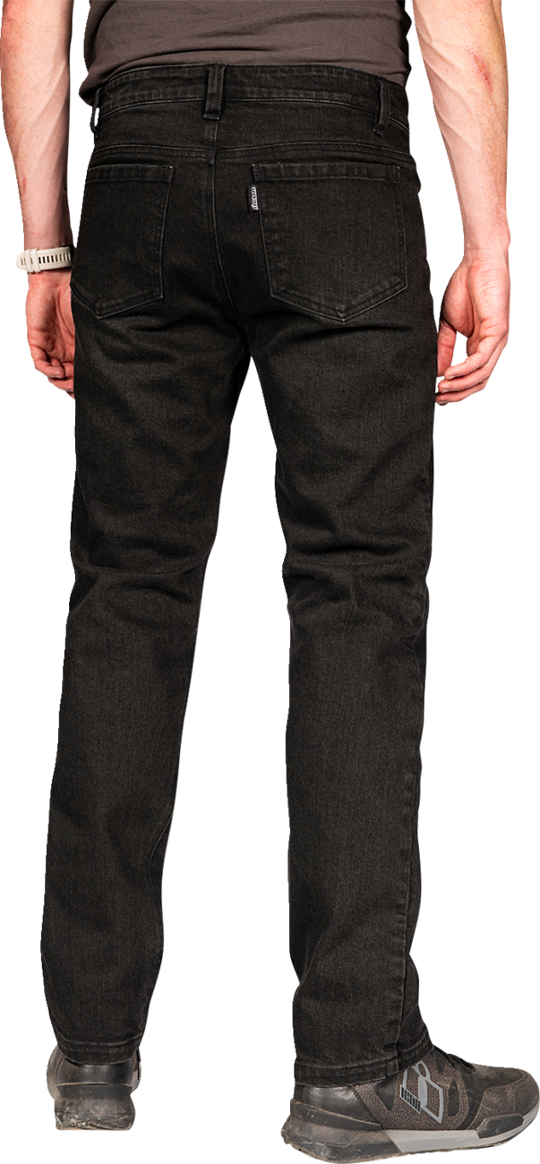 Bill's Exhausts ICON Uparmor™ Black Jean in size 32 displayed on a model, showcasing the fit and style of these men's denim jeans.