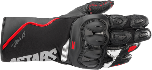 Alpinestars SP-365 Drystar gloves in black, fluo red, and white, large size, showing protective design and textured grip on the palms.