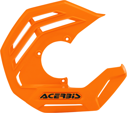 A close-up of the Acerbis X-Future Disc Cover in bright orange, designed for motorcycle protection and style.