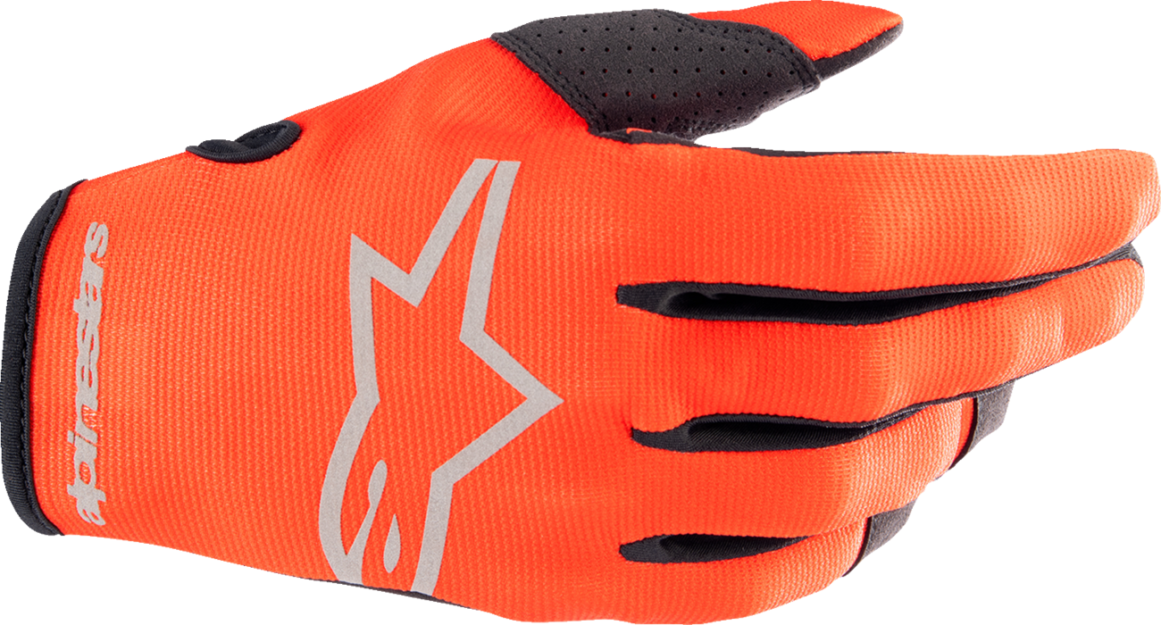 Alpinestars Radar gloves in hot orange and black, medium size, featuring protective knuckles and breathable fabric for motorcycle riding.