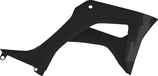Acerbis radiator shrouds in black and metallic finish, designed for motorcycle body protection, displayed on a plain background.